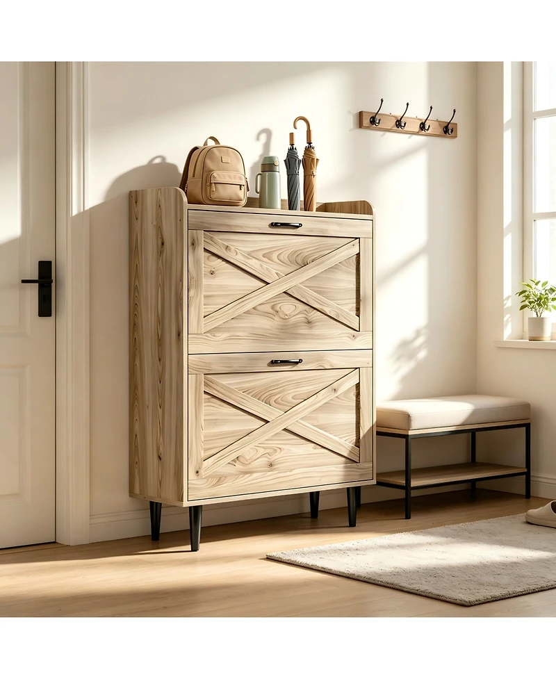 Slickblue 2-Drawer Barn Door Shoe Cabinet with Side Panel and Mdf Top Shelf