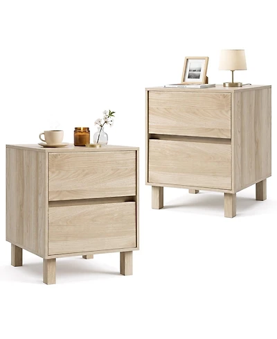 Gymax 2 Pieces Wooden Nightstand Modern End Table with 2 Storage Drawer Santi-Toppling Device