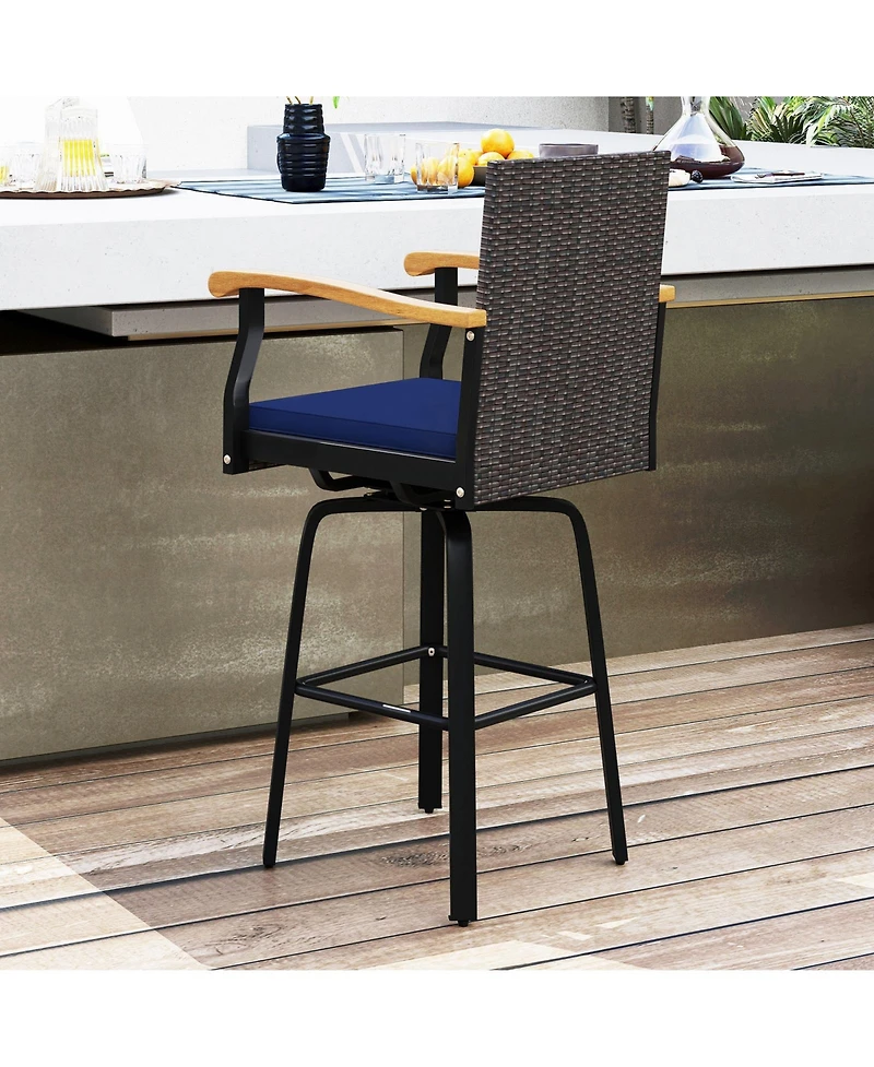 Gymax 4PCS 29'' Outdoor 360-Degree Swivel Bar Stool Cushion Acacia Wood Armrests Footrest