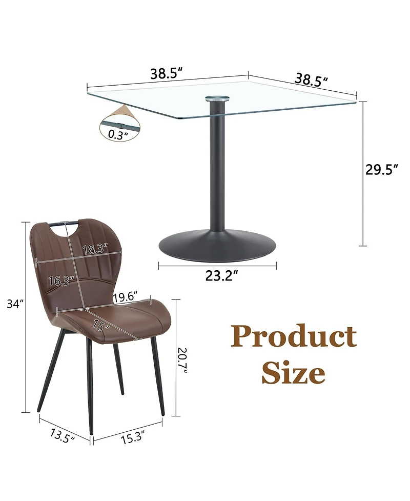 Flynama 5-Piece Square Glass Dining Set, Single-Column Metal Table and 4 Pu Handle Chairs