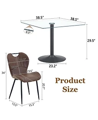Flynama 5-Piece Square Glass Dining Set, Single-Column Metal Table and 4 Pu Handle Chairs