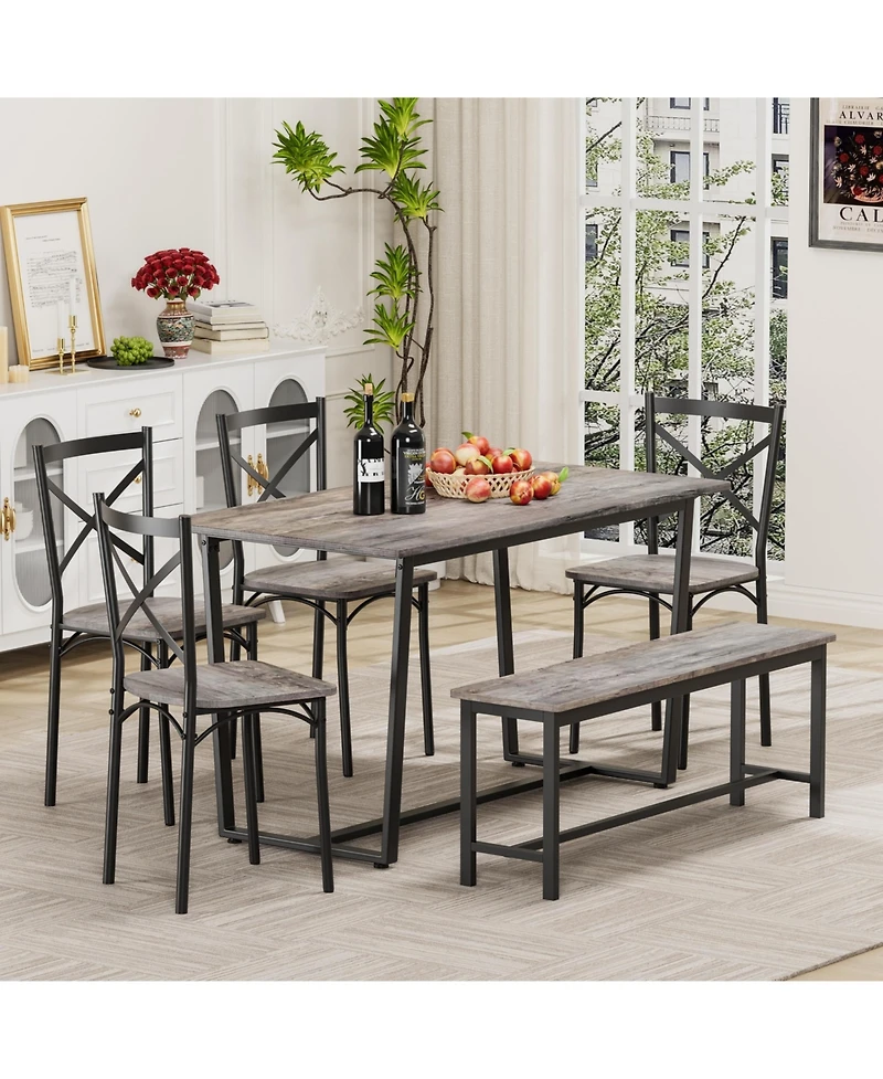 Flynama 6-Piece Industrial Dining Set, Mdf Table, 4 Chairs and 1 Bench