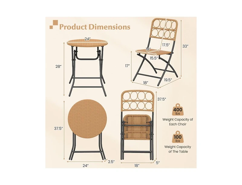 Boyel Living 3 Piece Patio Bistro Set Folding Round Table and Chairs with Wicker Seat