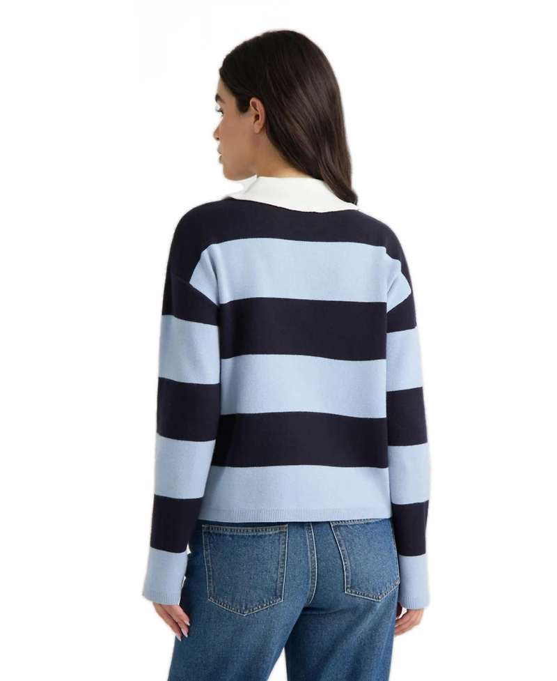 Hunter Women's Long-Sleeve Ruffled Polo Collar Rugby-Stripe Sweater