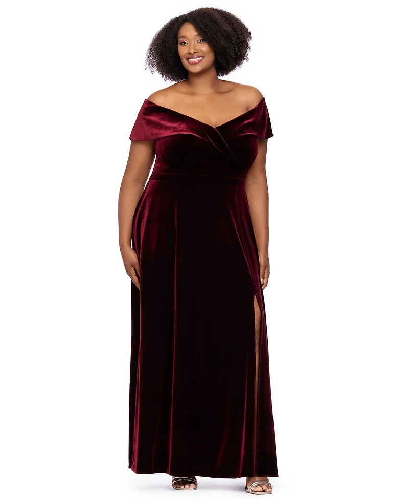 Xscape Plus Velvet Off-the-Shoulder A-Line Gown