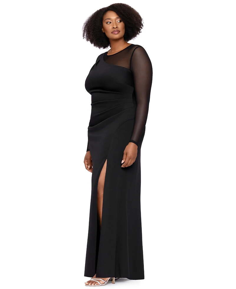 Xscape Plus Wedding Guest Long-Sleeve Mesh Dress