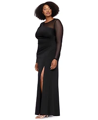 Xscape Plus Wedding Guest Long-Sleeve Mesh Dress