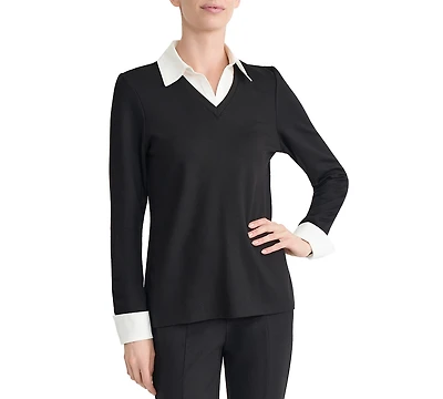 Jones New York Women's Twofer Long-Sleeve Collared V-Neck Woven-Cuff Blouse