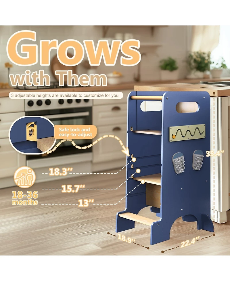 Fed Fitness Toddler Tower 4-in-1 Multifunctional Kitchen Stool Helper with Removable Safety Board, Adjustable Heights