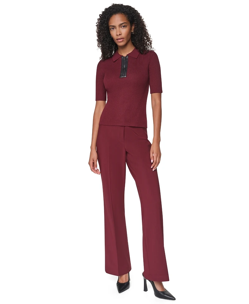 Dkny Petite Short-Sleeve Half-Zip Ribbed Cotton-Blend Sweater