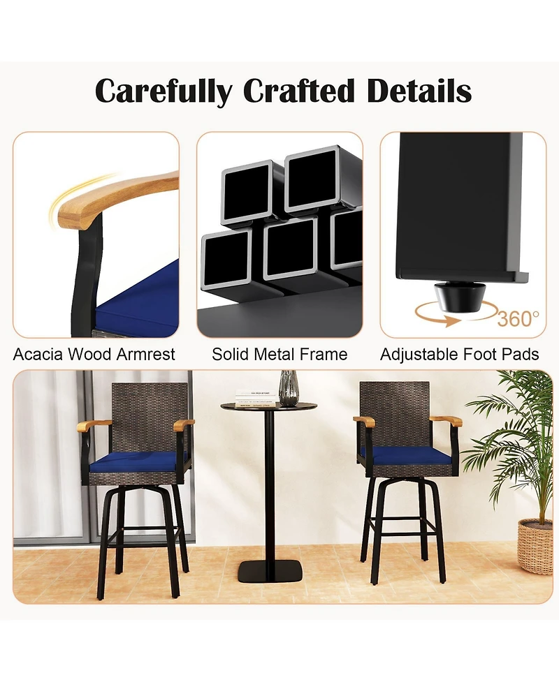 Gymax 2Piece 29'' Outdoor 360-Degree Swivel Bar Stool w/Cushion Acacia Wood Armrests Footrest