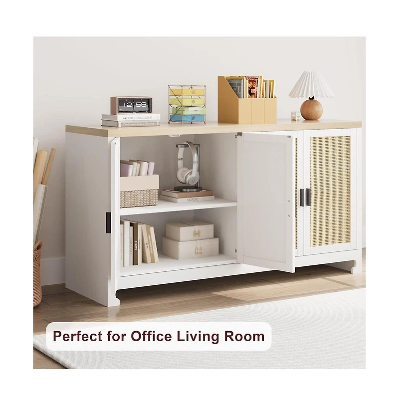 gaomon Farmhouse Rattan Buffet Cabinet with Four Doors and Adjustable Shelves