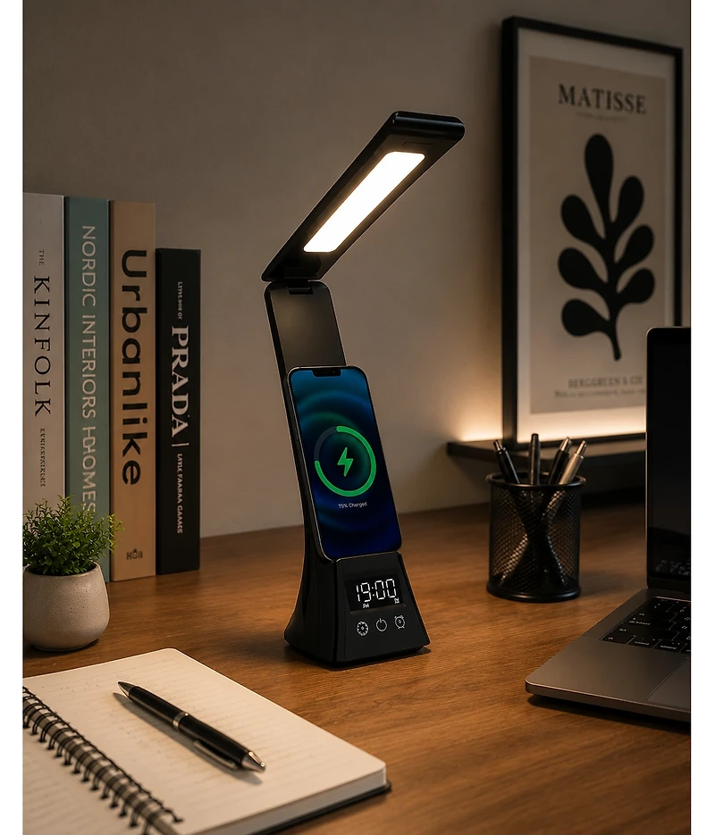 Pursonic 3-in-1 Led Desk Lamp with Wireless Charger and Alarm Clock - Sleek, Smart, and Space-Saving.