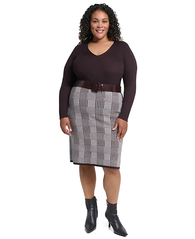 Dkny Plus Houndstooth-Plaid V-Neck Long-Sleeve Dress