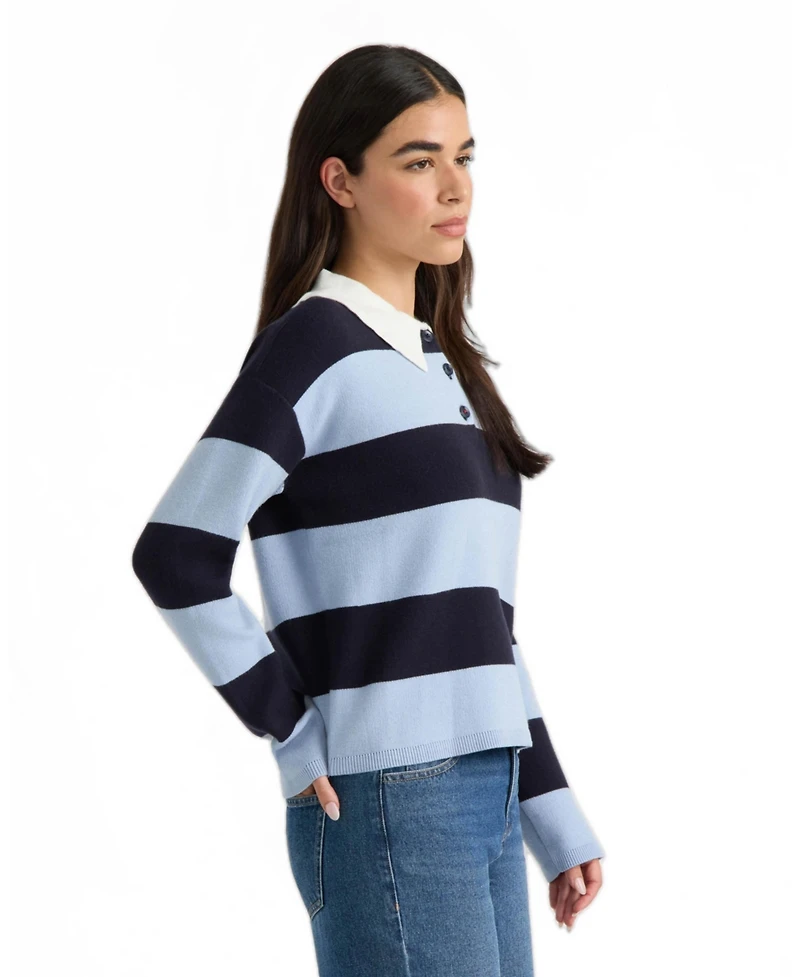 Hunter Women's Rugby-Stripe Ruffled Polo-Collar Sweater