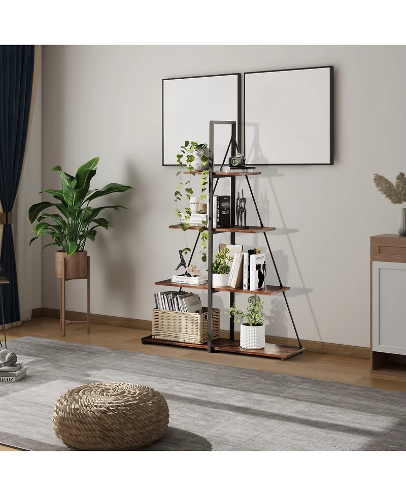 gaomon 4-Tier Industrial A-Frame Ladder Bookshelf,Metal Frame Retro Wood Display Rack for Living Room and Home Office Storage