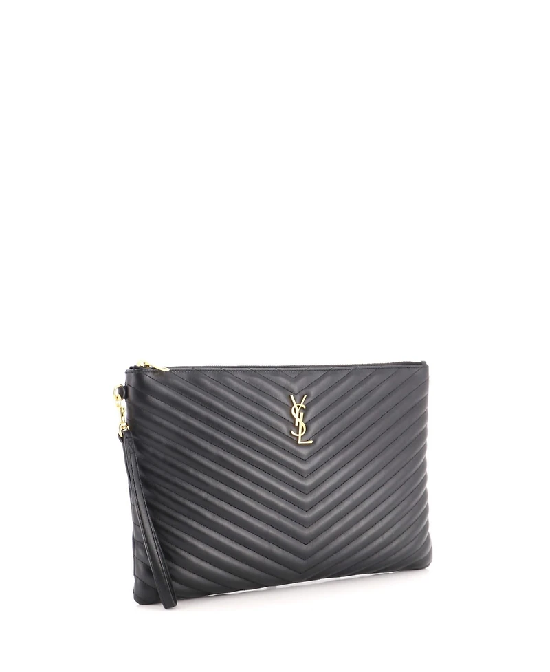 Pre-Owned Saint Laurent Large Classic Monogram Wristlet Pouch Matelasse Chevron Leather