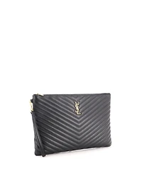 Pre-Owned Saint Laurent Large Classic Monogram Wristlet Pouch Matelasse Chevron Leather