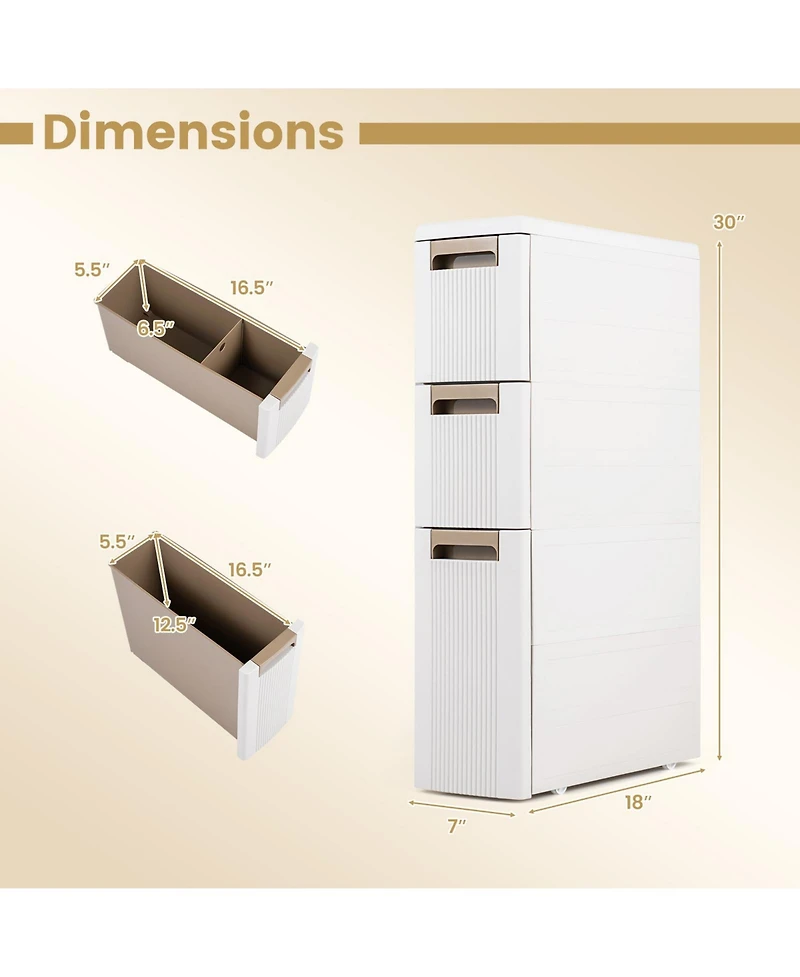 Gymax 3-Tier Narrow Storage Cabinet 3 Drawers and 2 Removable Dividers Wheels