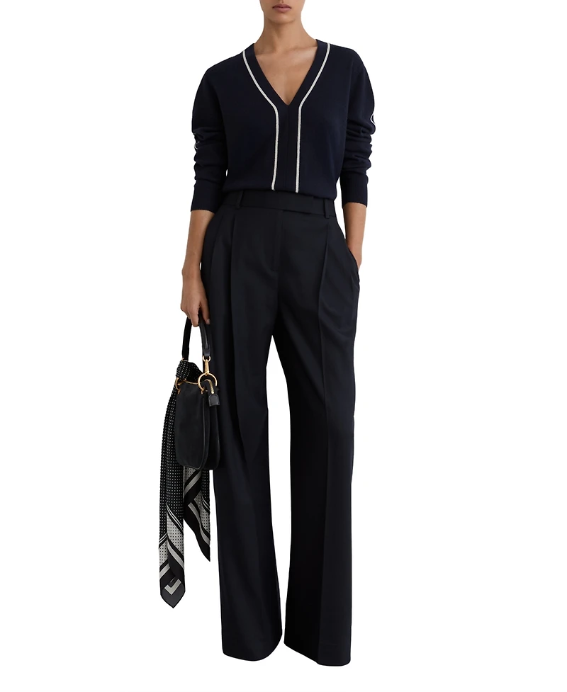 Reiss Women's Mila Wool-Blend V-Neck Stripe-Detail Jumper with Cashmere