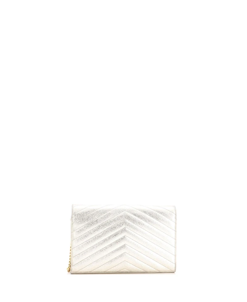 Pre-Owned Saint Laurent Medium Classic Monogram Wallet on Chain Matelasse Chevron Metallic Leather