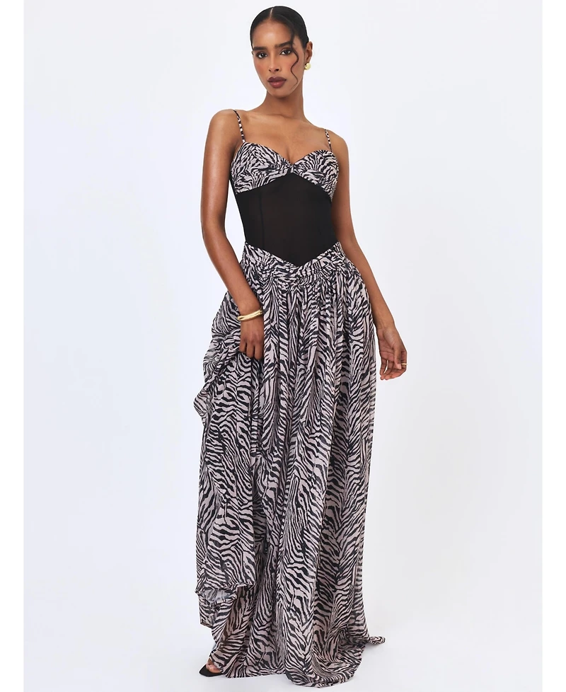 Miss Circle Women's Onora Zebra Print Chiffon Dipped Waist Maxi Dress