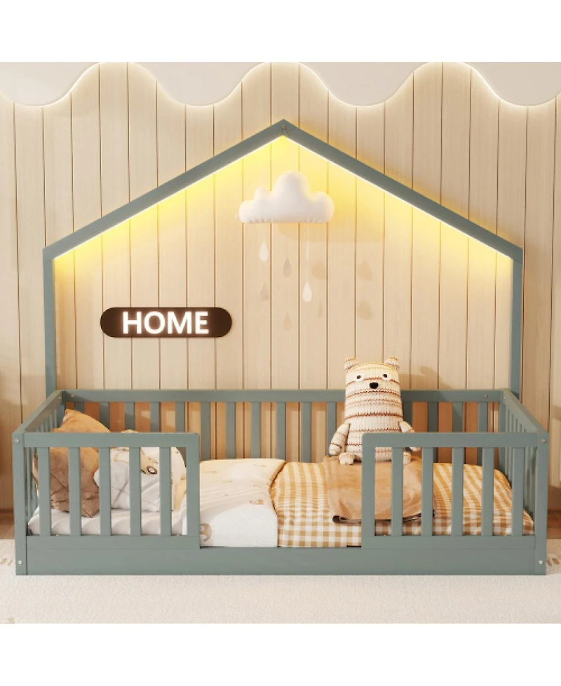 Streamdale Furniture Twin Floor Bed with High Rails and Light for Kids