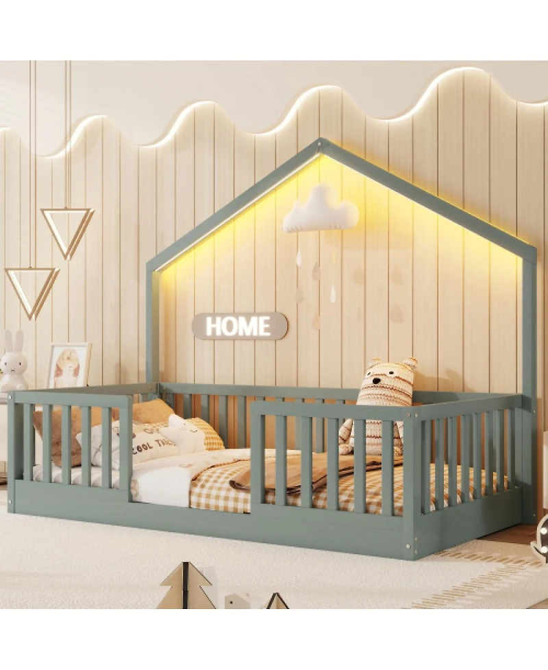Streamdale Furniture Twin Floor Bed with High Rails and Light for Kids
