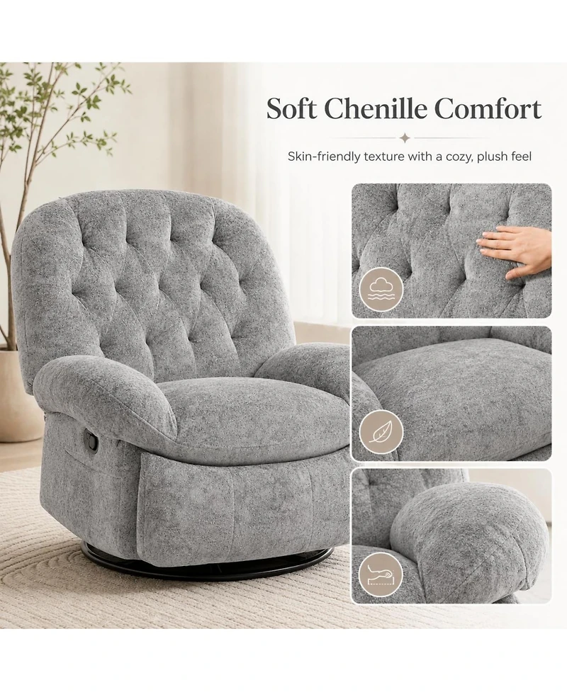 gaomon Swivel Rocker Recliner Chenille, 360degree(s) Swivel, Rocking, Side Pockets and Footrest, 135degree(s) Recline