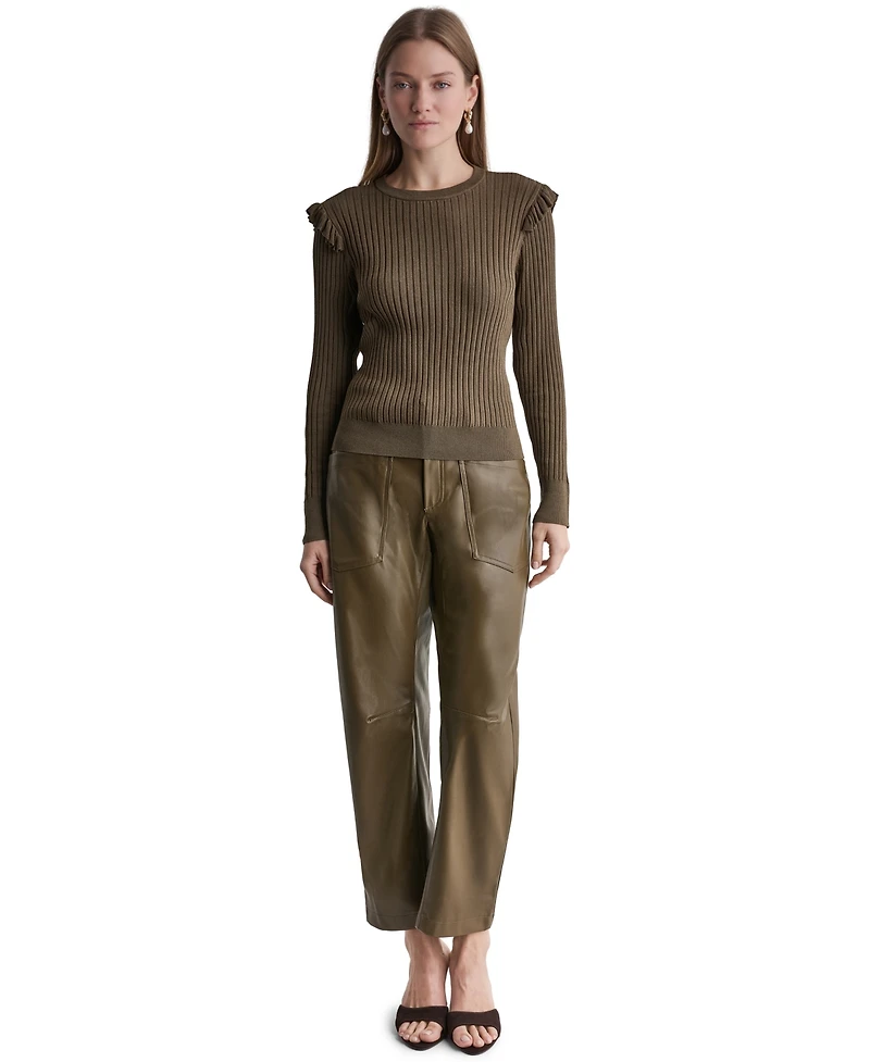 Bcbg Women's Ruffle-Trim Ribbed-Knit Long-Sleeve Crewneck Sweater