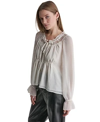 Bcbg Women's Scoop Neckline Lace-Trim Long-Sleeve Blouse