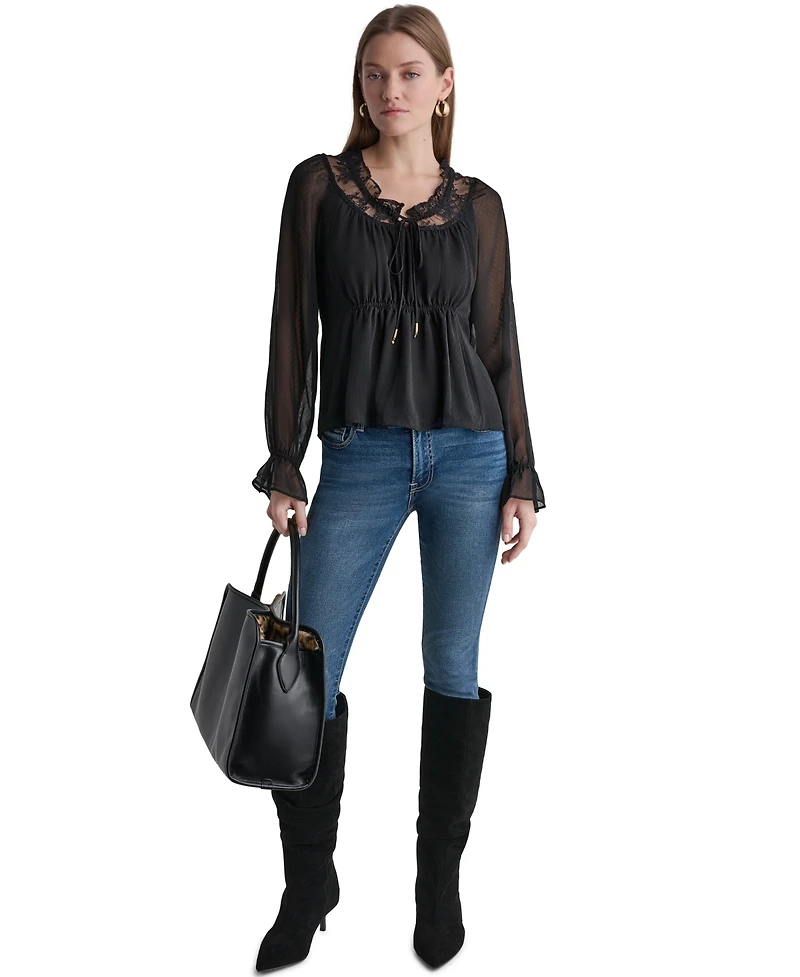Bcbg Women's Scoop Neckline Lace-Trim Long-Sleeve Blouse
