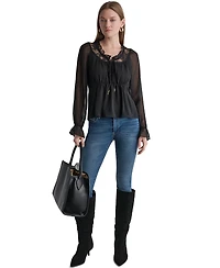 Bcbg Women's Scoop Neckline Lace-Trim Long-Sleeve Blouse