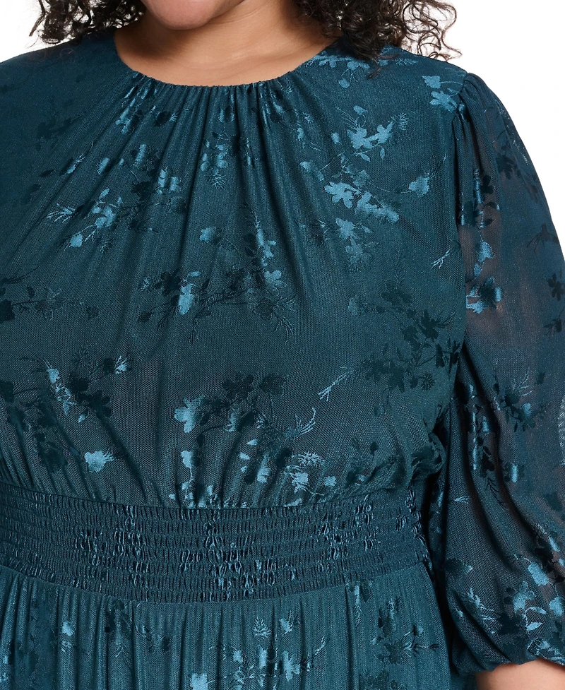 Jessica Howard Plus Smocked Waist 3/4 Sleeve Tiered Midi Dress