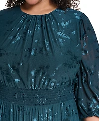 Jessica Howard Plus Smocked Waist 3/4 Sleeve Tiered Midi Dress