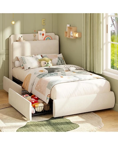 Upholstered Bed Frame with Shelf and Drawers, Chenille Platform Built Headboard for Phone Books, Easy Assembly