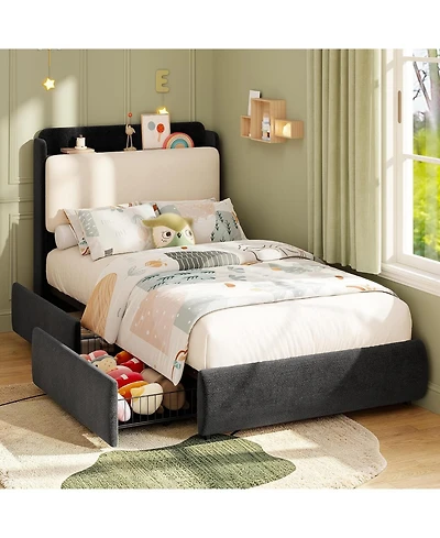 Upholstered Bed Frame with Shelf and Drawers, Chenille Platform Built Headboard for Phone Books, Easy Assembly