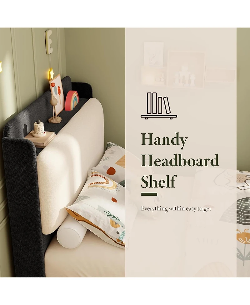 Upholstered Bed Frame with Shelf and Drawers, Chenille Platform Built Headboard for Phone Books, Easy Assembly