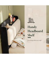 Upholstered Bed Frame with Shelf and Drawers, Chenille Platform Built Headboard for Phone Books, Easy Assembly
