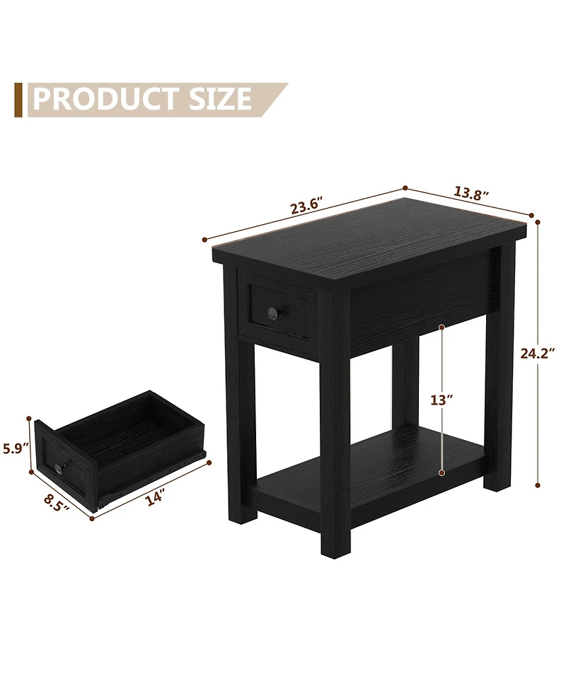 Aheaplus Wooden Farmhouse End Table with Charging Station and Drawer and Shelf