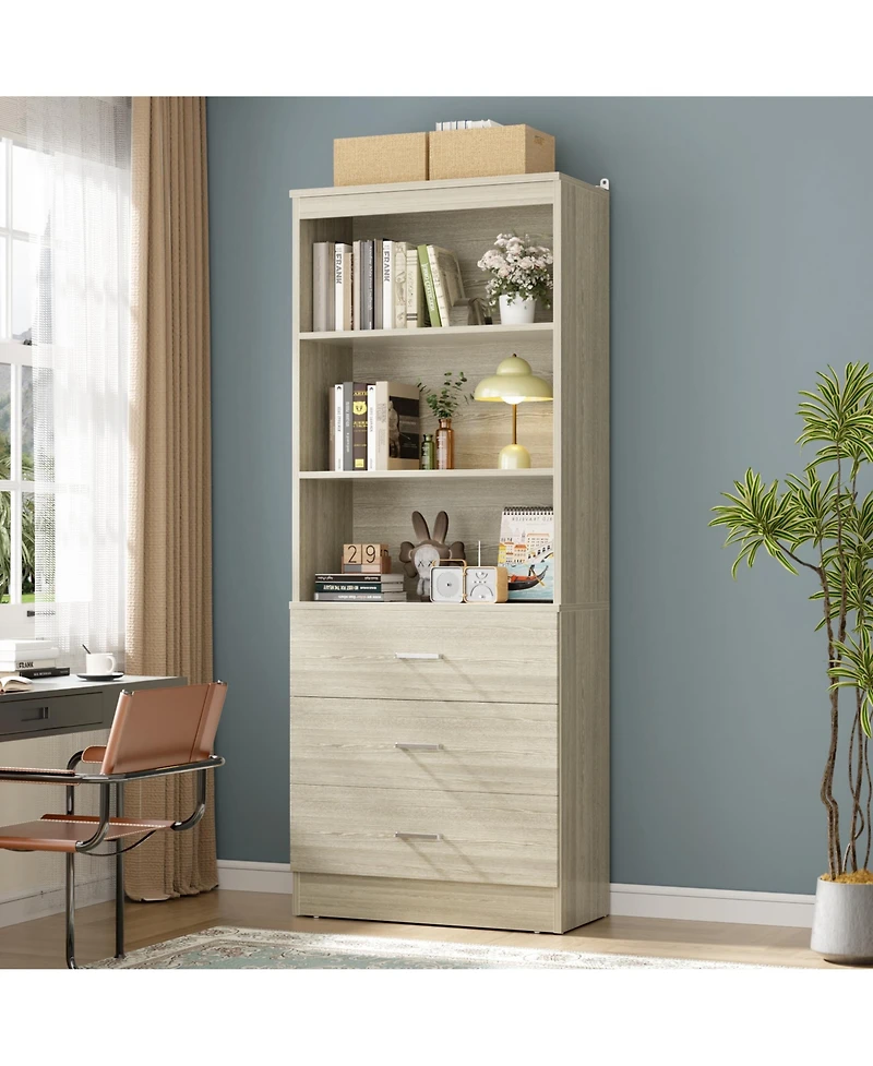 Aheaplus 71" Wooden Storage Cabinet with 3-Drawers, Closet Organizer Shelves
