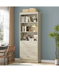 Aheaplus 71" Wooden Storage Cabinet with 3-Drawers, Closet Organizer Shelves