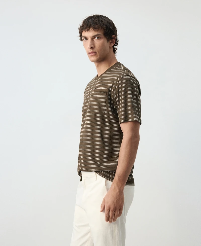 Mango Men's Crew Neck Stripe Cotton-Linen Blend T-Shirt