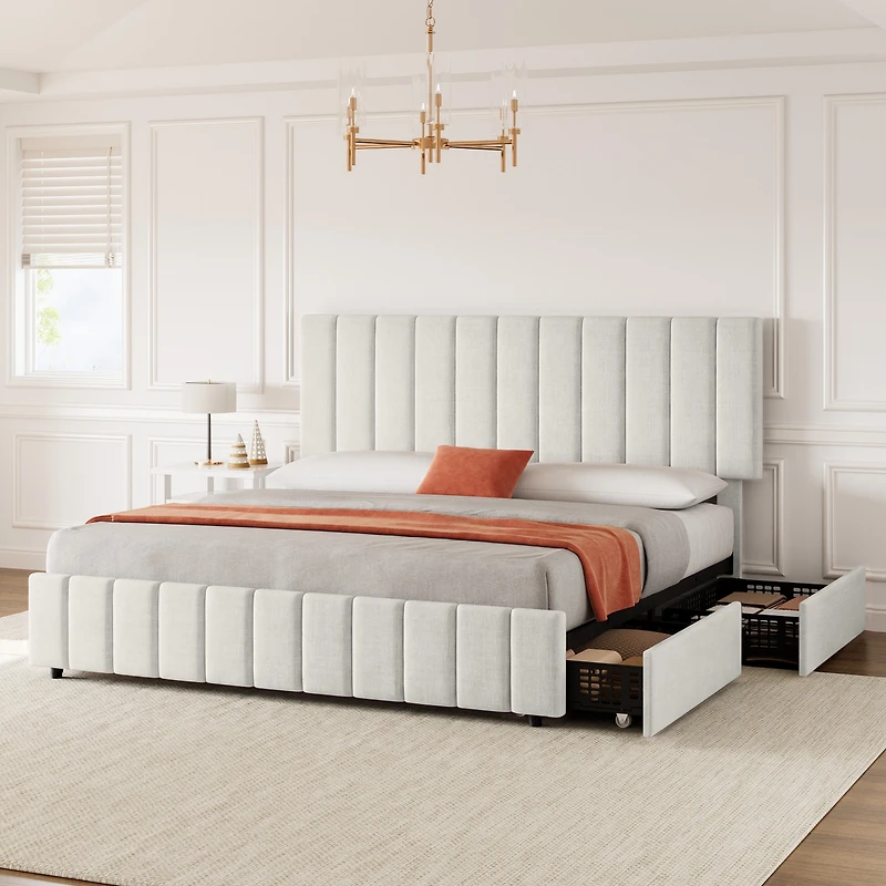 Gaomon Modern Upholstered Platform Bed Frame Featuring 4 Storage Drawers, Adjustable Height Headboard, Heavy Duty Construction