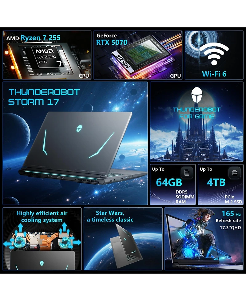 Thunderobot Storm 17 Gaming Laptop, 17.3" Qhd 165Hz 2K, Amd Ryzen 7 255, Nvidia GeForce Rtx 5070, 64GB DDR5, 4TB Ssd, Wi-Fi 6, Windows 11 Home, Black
