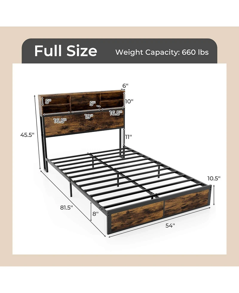 Full Bed Frame with Charging Station Storage Headboard Under-bed Space