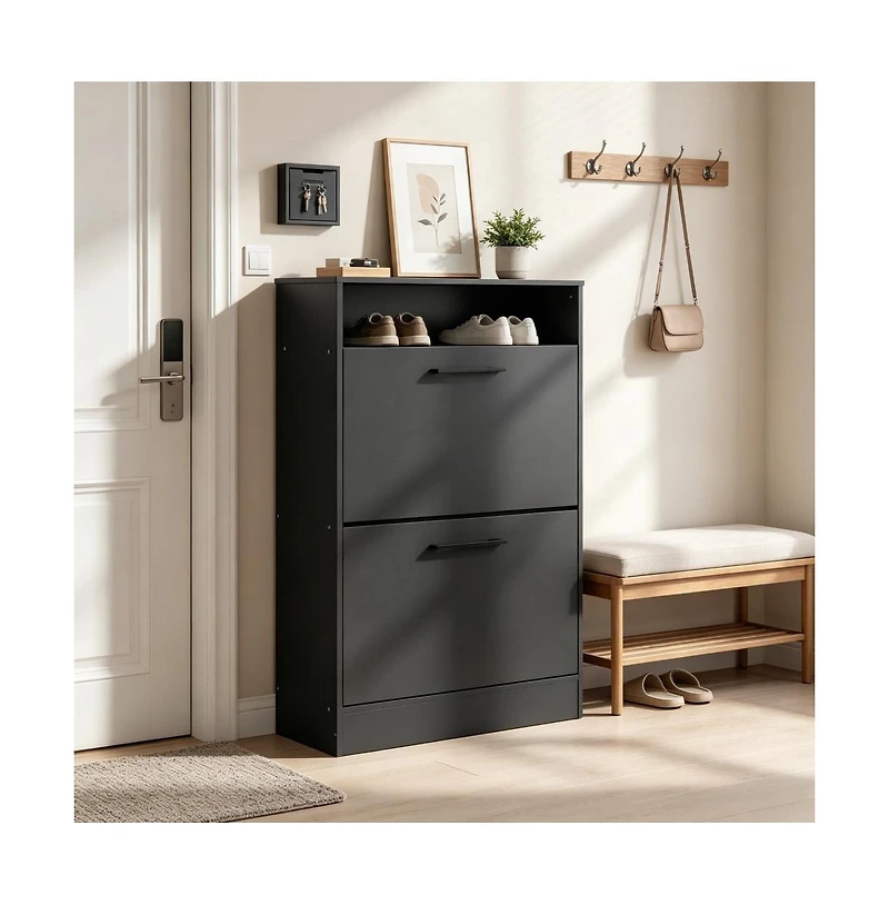 Slickblue 2 Large Flip-Down Drawer Shoe Cabinet with Open Top Storage Shelf