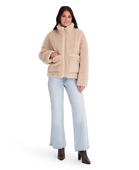Kensie Women's Faux Fur Jacket With Patch Pockets And Funnel Neck
