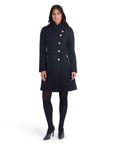 Kensie Women's Faux Wool Pea Coat With Asymmetrical Button Formation