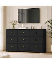 Gaomon Wide Modern Chest Of Drawers, Spacious 9 Drawer Dresser With Round Metal Pull Handles, Functional Storage Cabinet For Bedroom Living Room